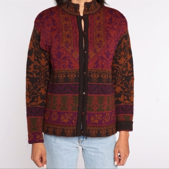Floral Cardigan 100% Wool Brown Purple Geometric Button Down Retro Size Large - Picture 1 of 11
